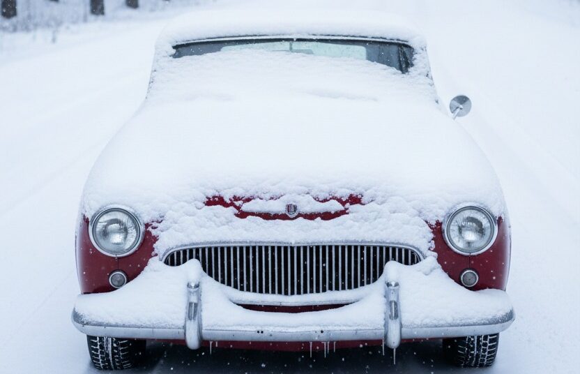 Une voiture ancienne rouge recouverte de neige est stationnée sur une route forestière enneigée.