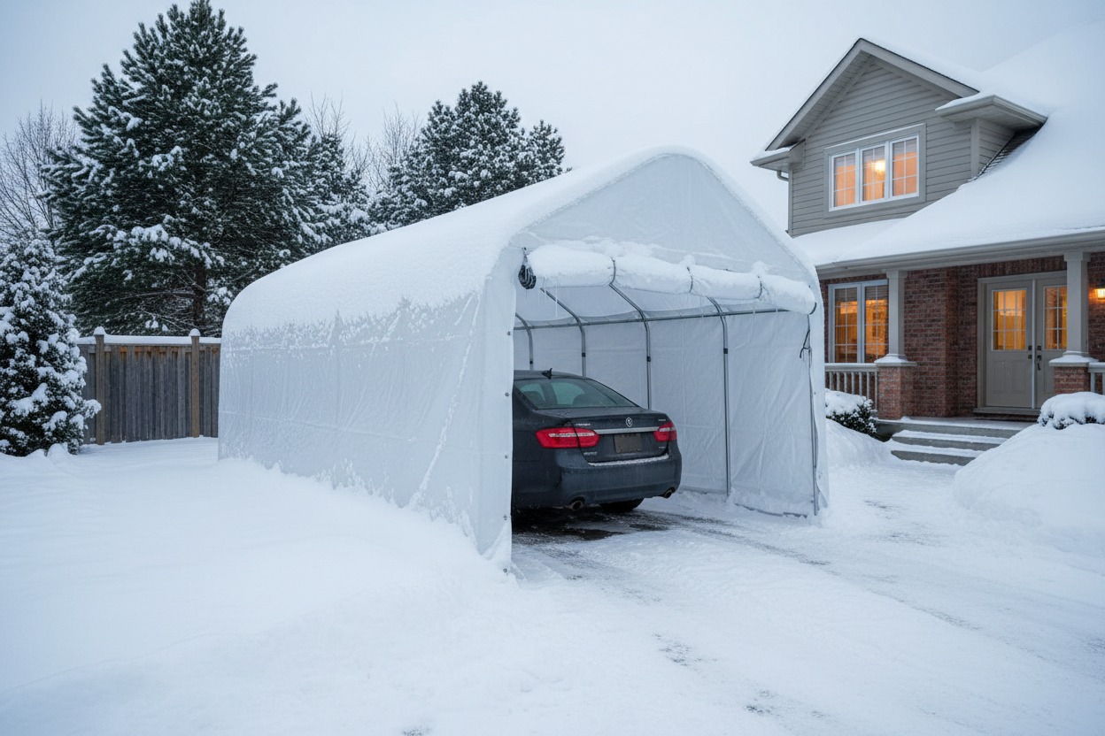 A dark sedan parked inside a white portable fabric garage shelter on a snow-covered residential driveway.