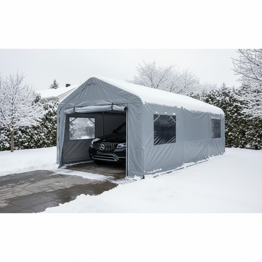 A black car is parked inside a grey portable garage shelter on a snow-covered driveway.